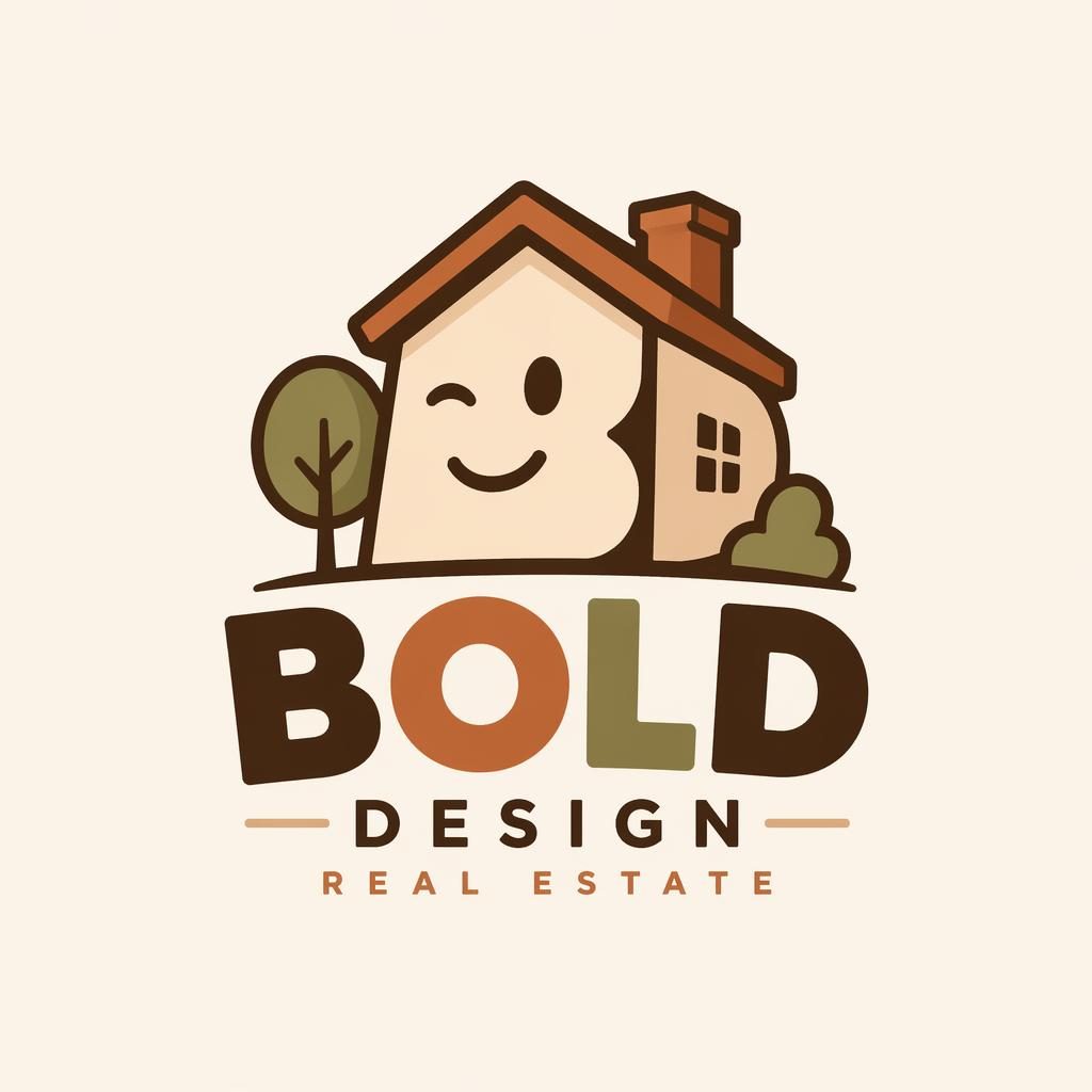 Centered vector logo concept for Bold Design, a real estate wordmark with icon in playful cartoon style and warm earth tones.