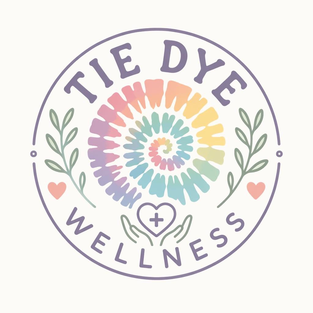 Centered pastel tie-dye emblem logo concept with hand-drawn organic shapes and matching brand typography on neutral background