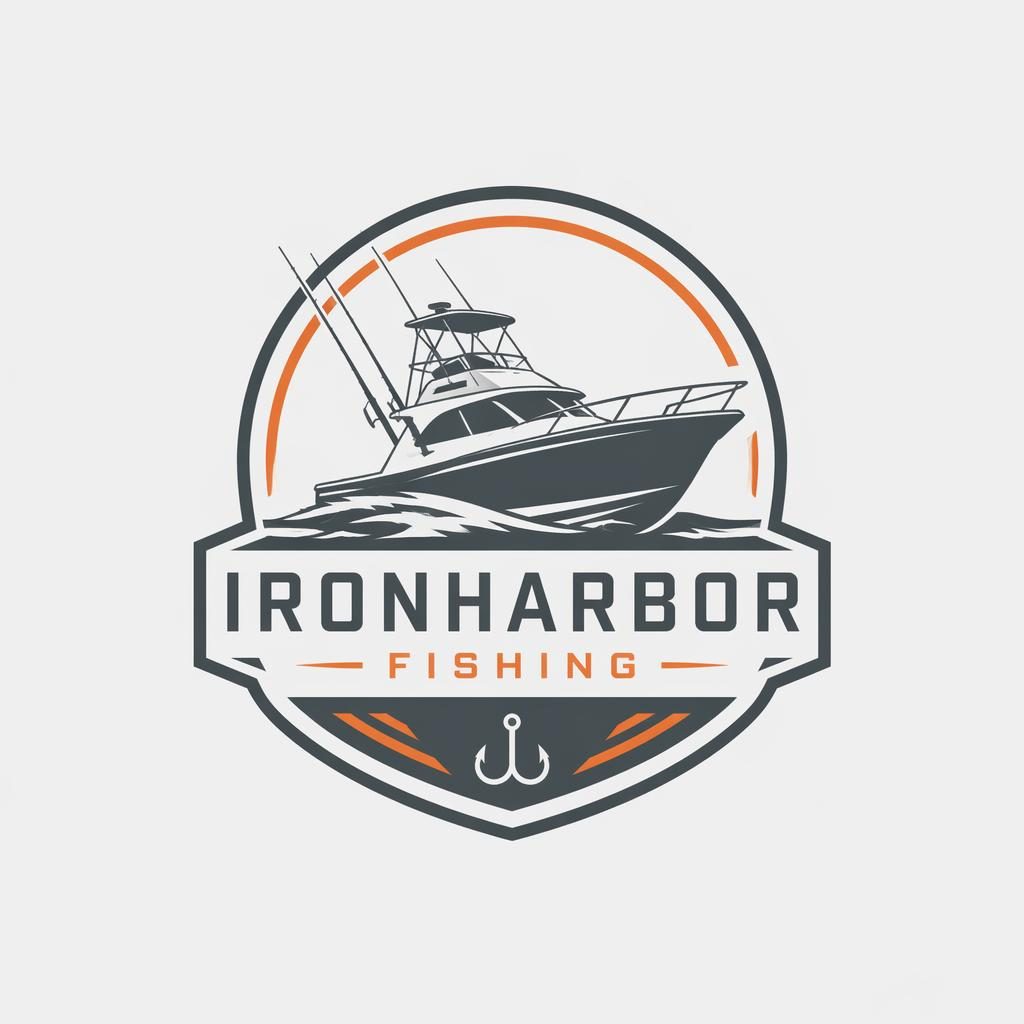 Centered fishing boat emblem logo concept in gray and orange, minimalist badge design on a neutral background.