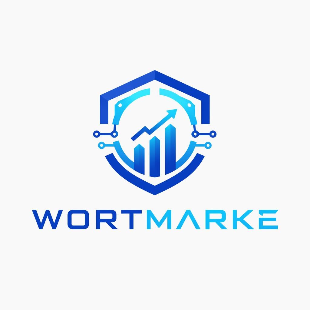 Zentriertes Fintech-Logo als Emblem in Blau und Cyan mit futuristischer Typografie auf neutralem Hintergrund