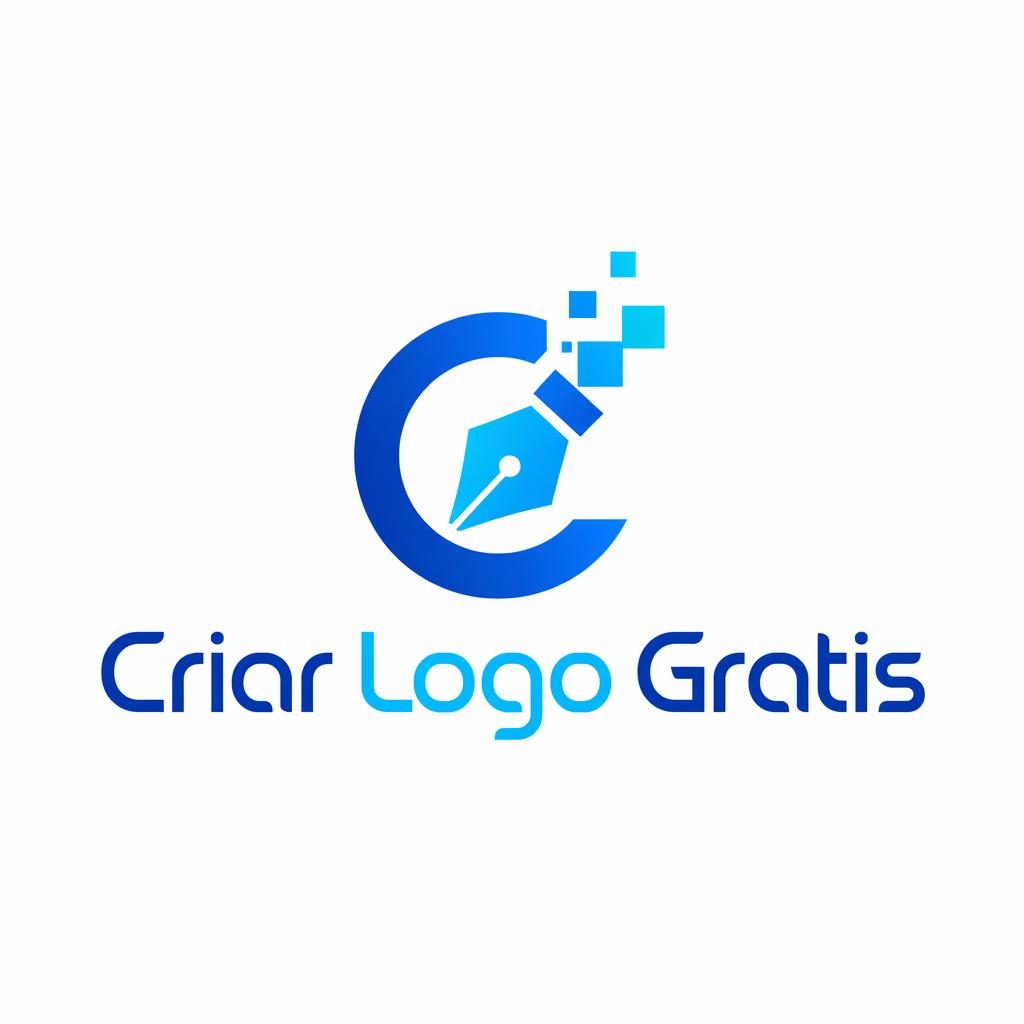 Logo minimalista com texto Criar Logo Gratis e ícone original de criatividade digital em azul e ciano, fundo neutro.