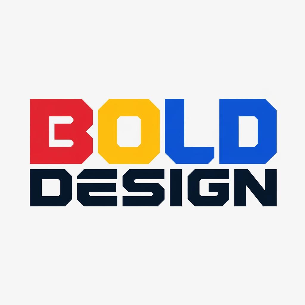 Centered gaming wordmark logo concept reading Bold Design in industrial bold typography with a playful primary palette.