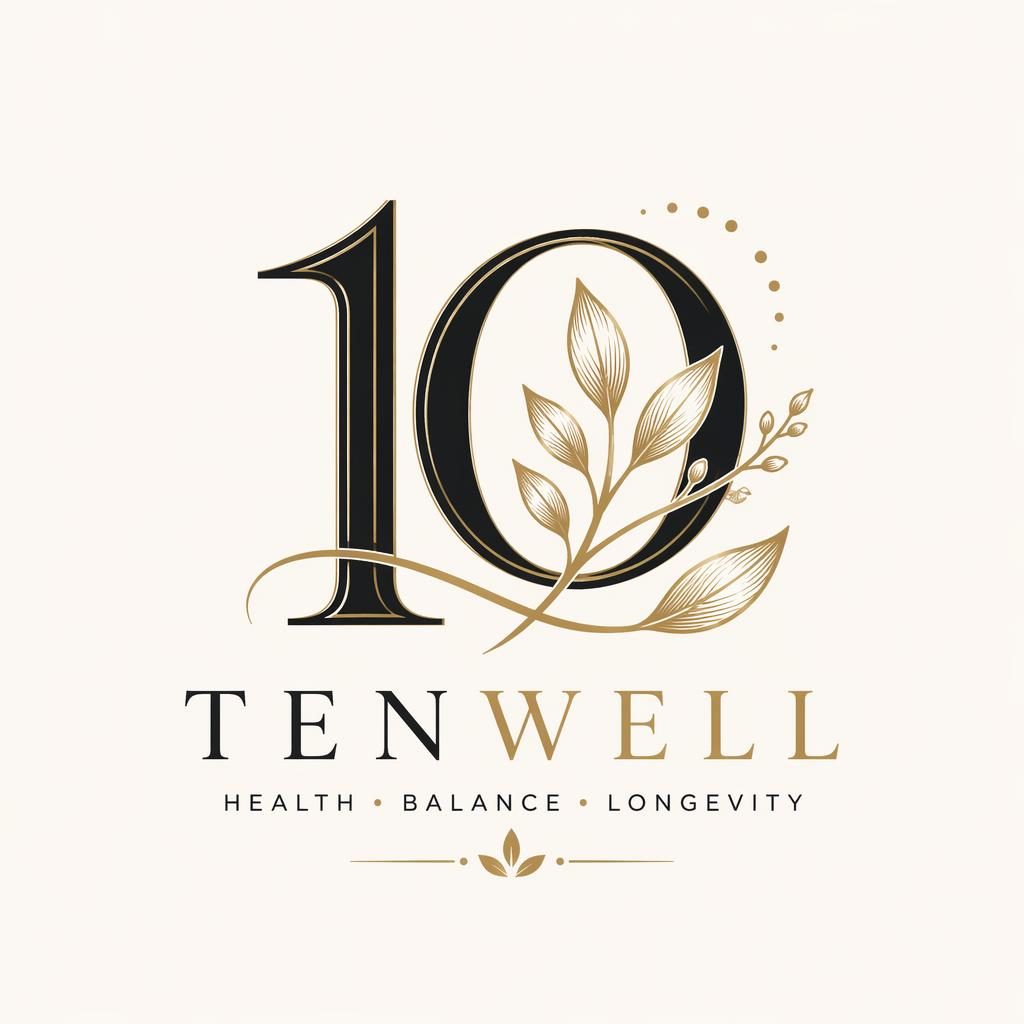 Centered lettermark logo concept with botanical illustration details in black and gold on a neutral square background.