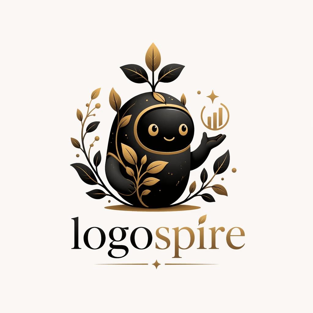 Logo mascotte botanique noir et or pour logospire, composition centrée sur fond neutre, style vectoriel luxe.