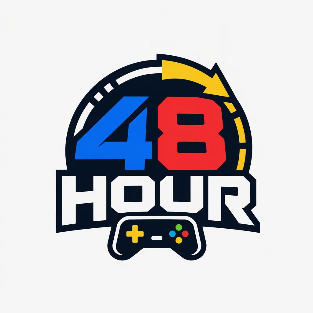 Centered gaming logo concept with bold industrial wordmark and playful icon on a neutral square background