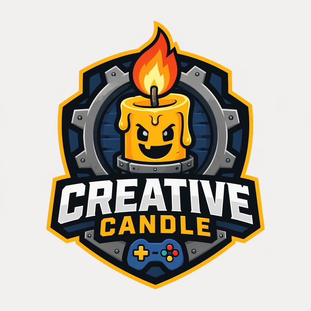 Centered industrial badge logo concept with a candle icon, bold playful primary colors, and matching brand typography