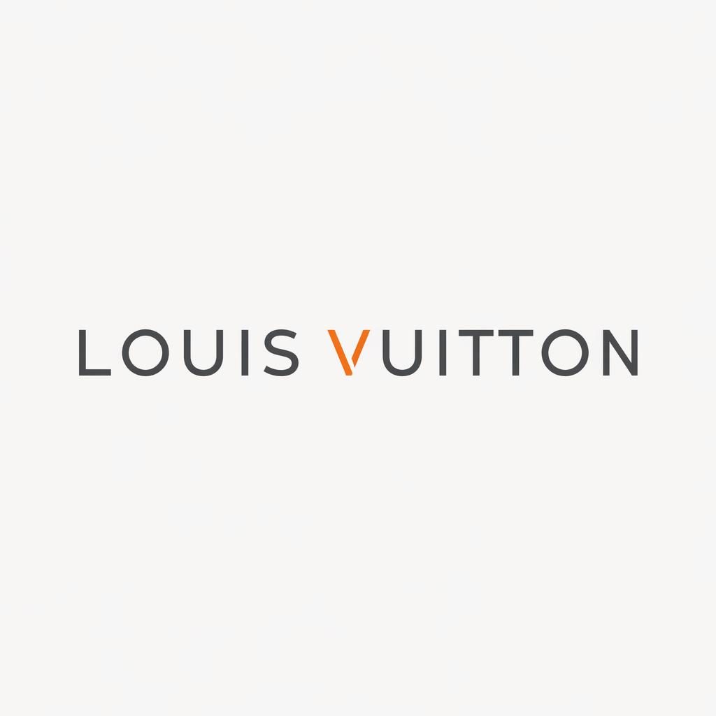 Centered modern minimalist wordmark logo concept for louis vuitton logos in gray and orange on a neutral background.