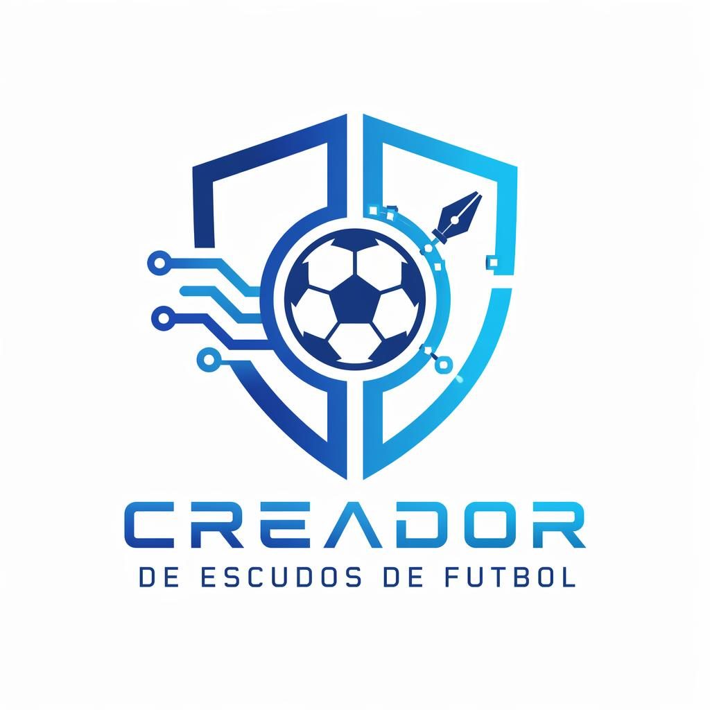 Concepto de logo abstracto en azul y cian para creador de escudos de futbol, centrado sobre fondo neutro