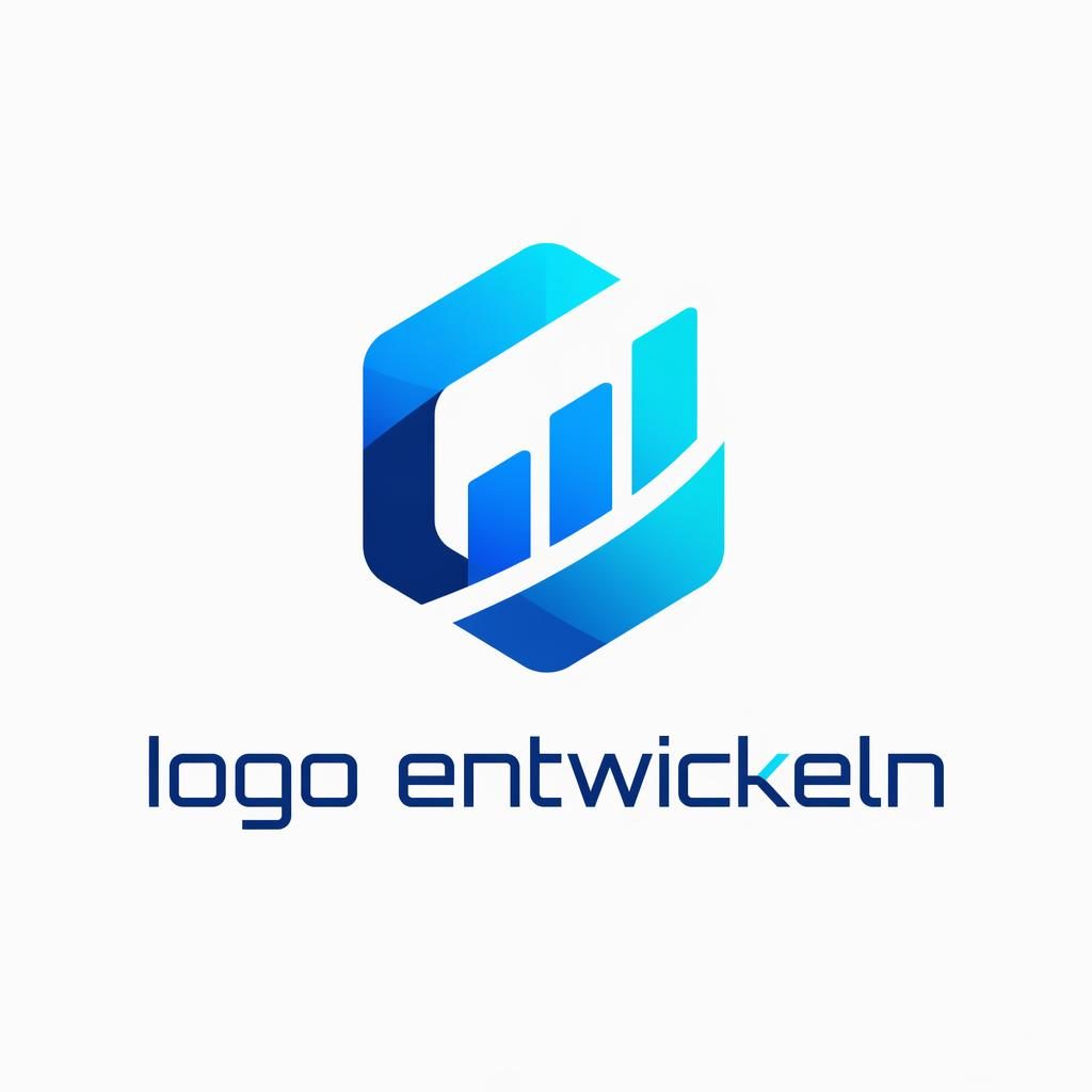 Zentriertes abstraktes Fintech-Logo in Blau und Cyan mit futuristischer Typografie auf neutralem Hintergrund