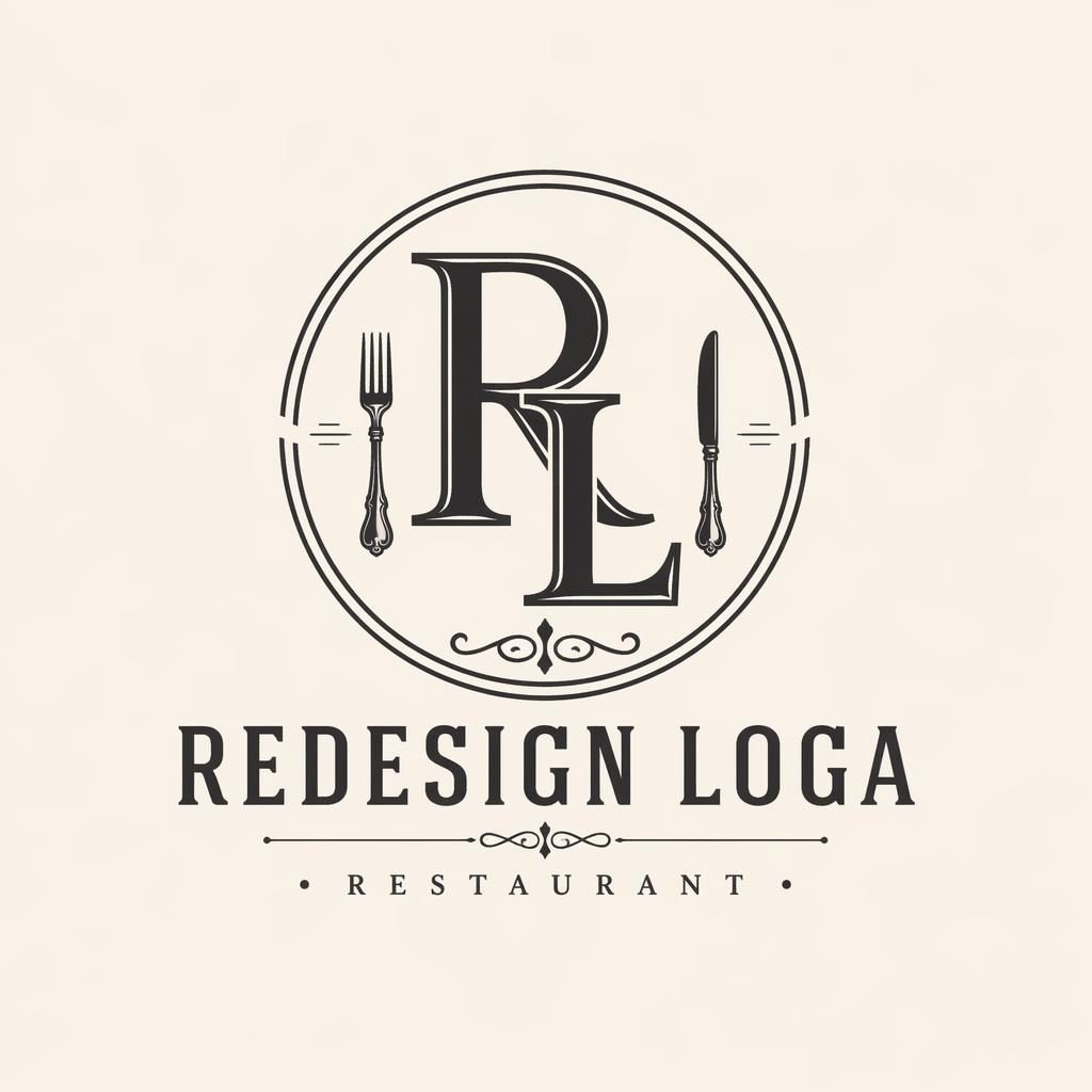 Retro monogramové logo pro restauraci v elegantní černobílé paletě na neutrálním pozadí, čistá středová kompozice.