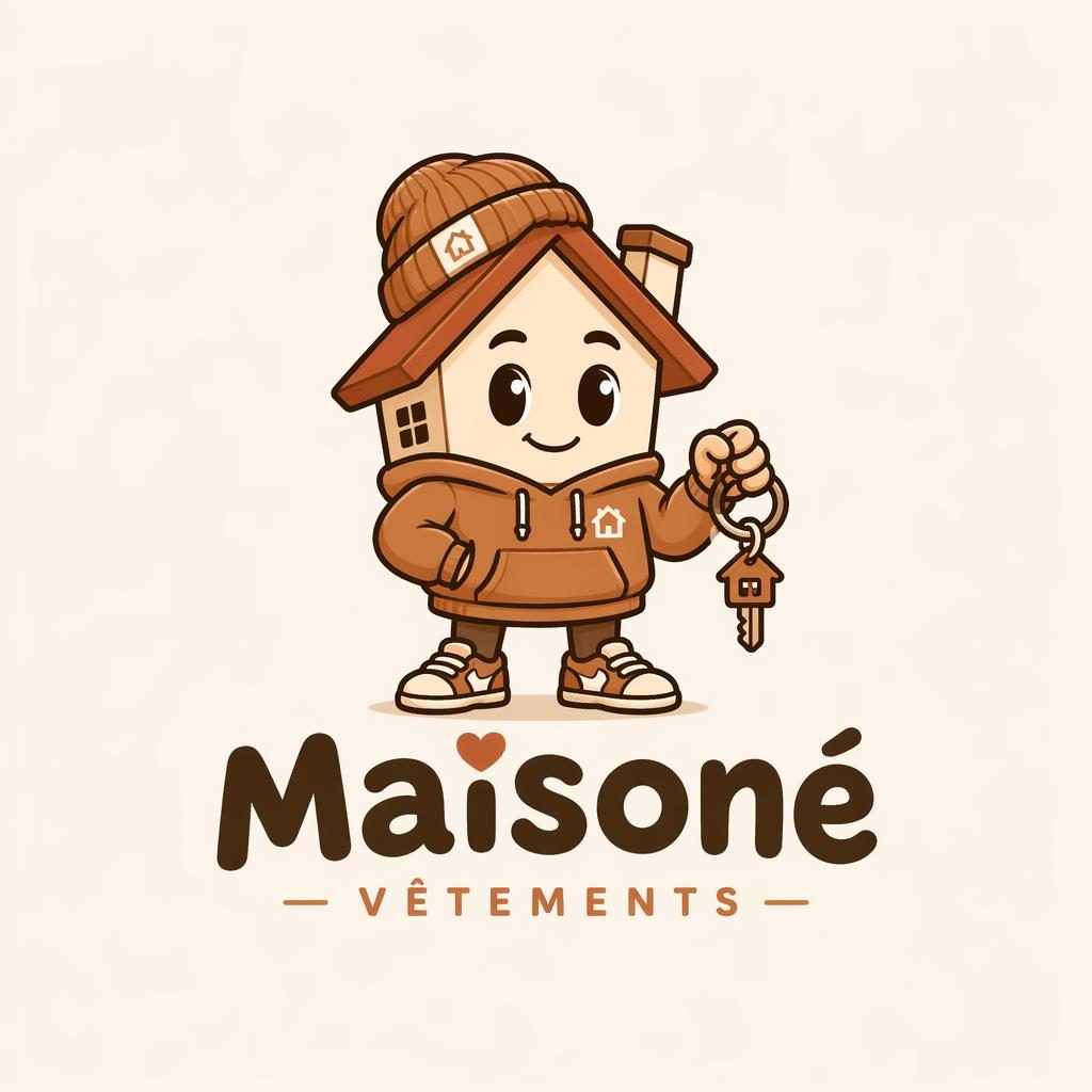 Concept de logo vectoriel carré avec mascotte cartoon pour l’immobilier, tons terre chauds, typographie assortie et fond neutre.