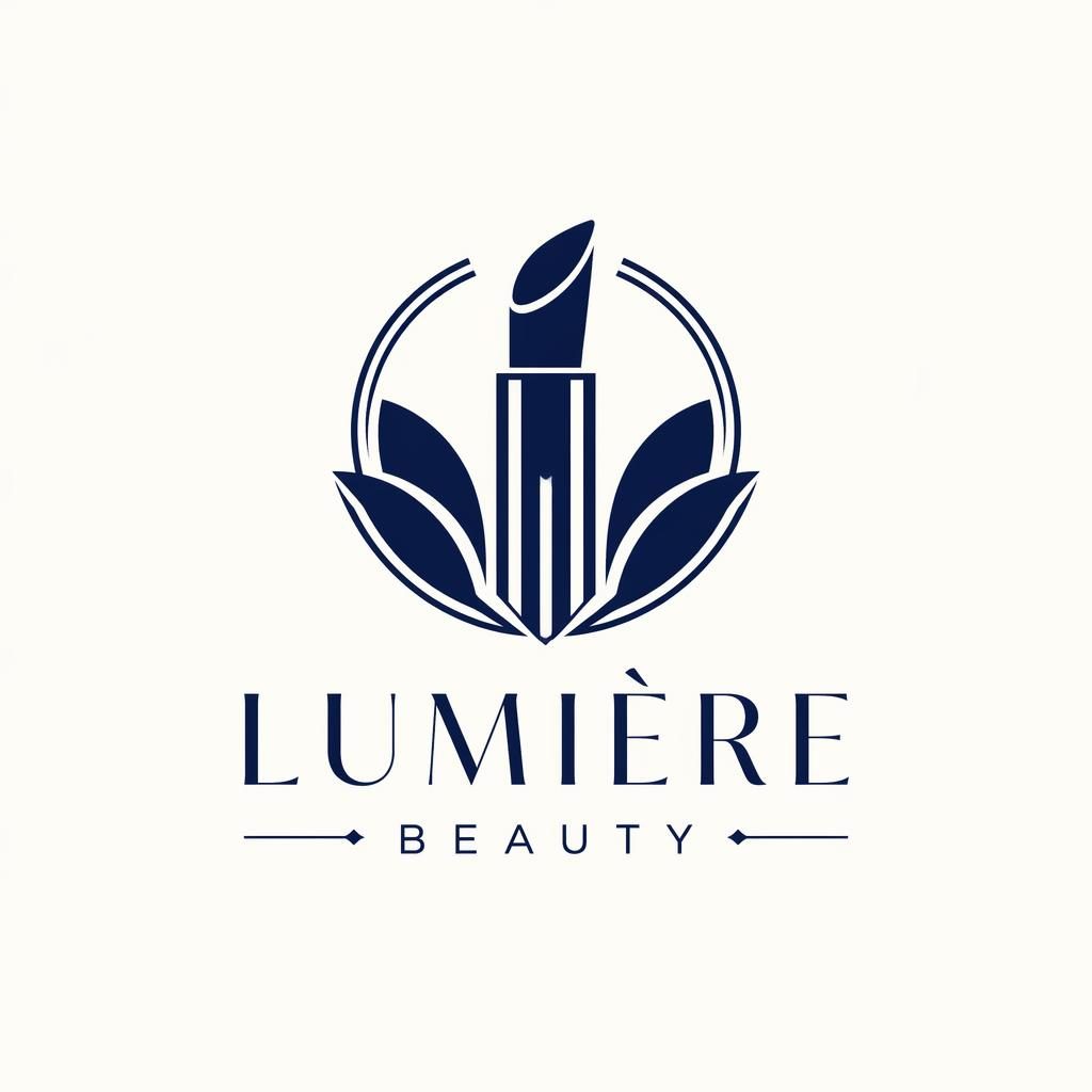 Abstract symbol logo concept for a beauty brand in art deco style, navy and white, centered on a neutral background.