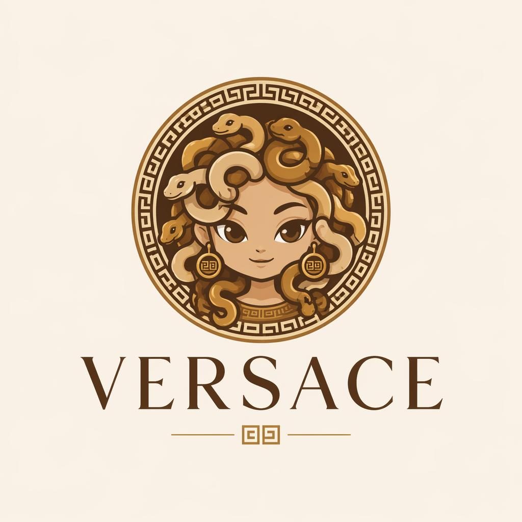 Centered vector logo concept for versace emblem with a playful icon and matching wordmark in warm earth tones