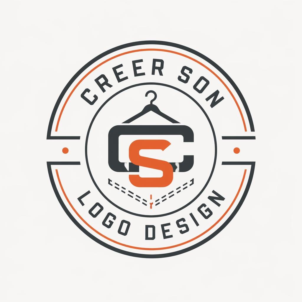 Concept de logo en emblème pour marque de mode, gris industriel et orange, typographie moderne centrée sur fond neutre