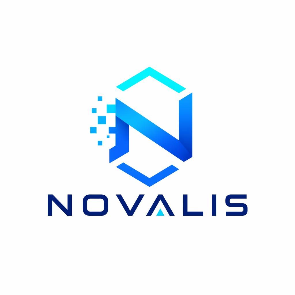 Zentriertes Tech-Logo mit Wortmarke und Icon in Blau und Cyan auf neutralem Hintergrund, sauber und vektorbasiert.