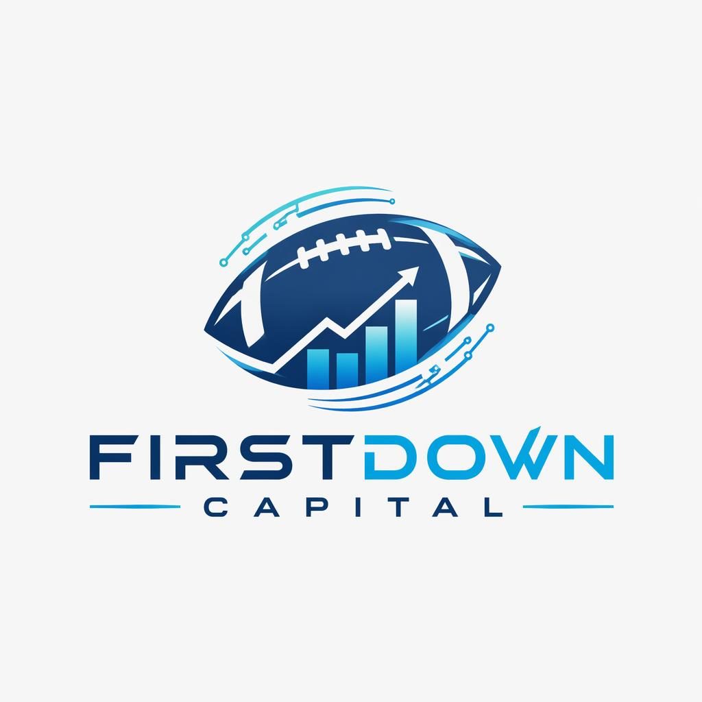 Centered futuristic fintech logo concept with american football icon and matching wordmark in blue and cyan on neutral background.