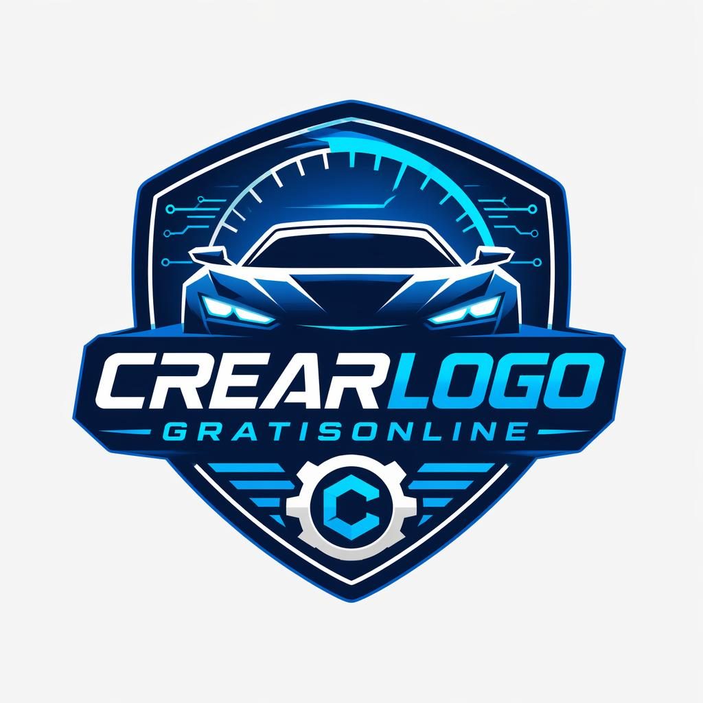 Logo emblema vectorial de crearlogogratisonline en azul y cian, estilo tecnológico futurista, centrado sobre fondo neutro.
