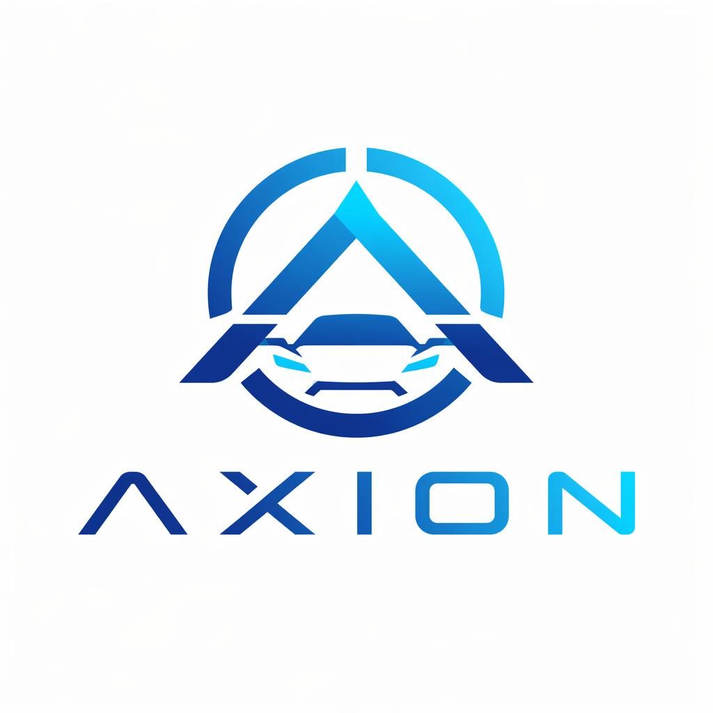 Centered abstract automotive logo concept in blue and cyan with matching brand text on a neutral background.