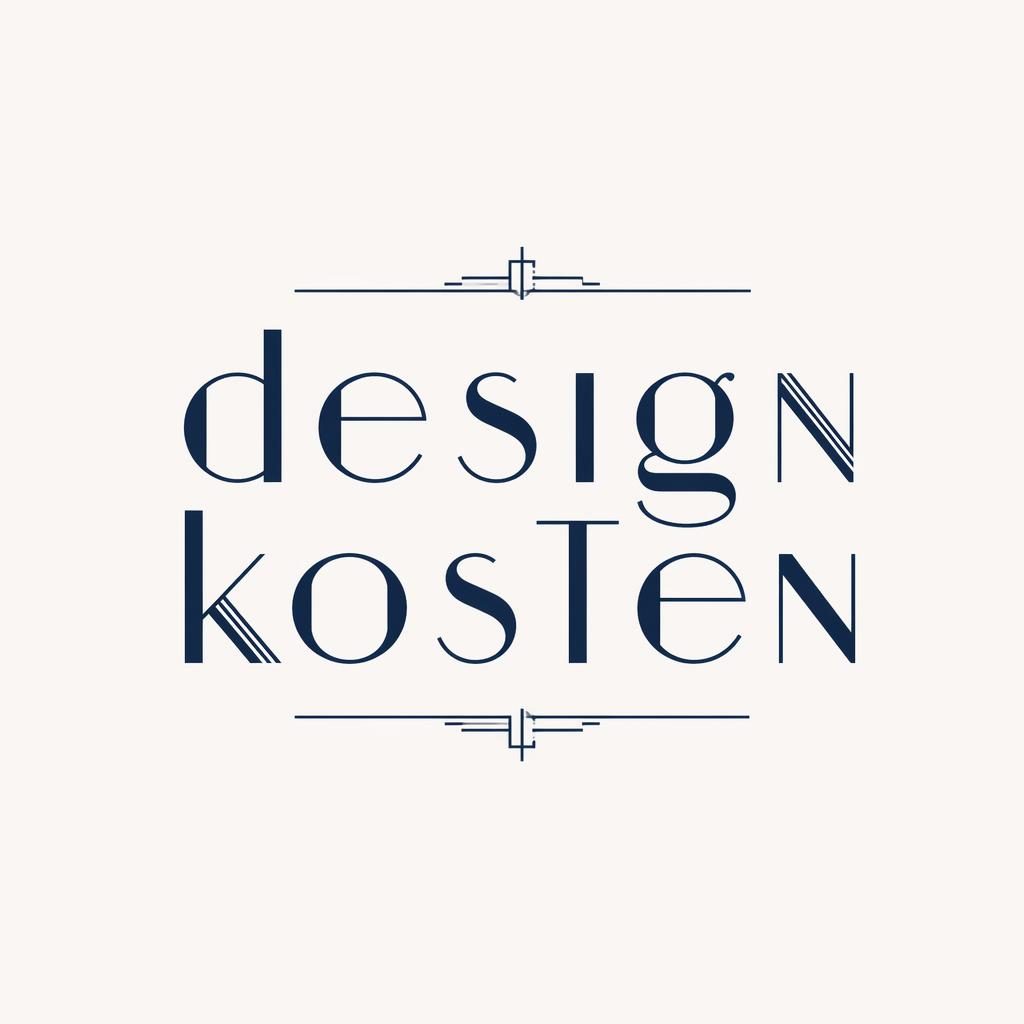 Zentriertes Wortmarken-Logo „design kosten“ in Art-Déco-Typografie, navy-weiß, minimal auf neutralem Hintergrund.