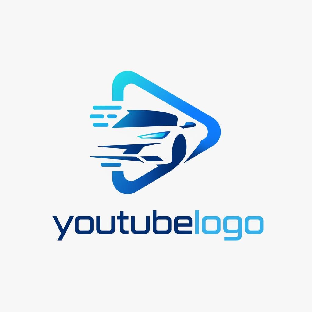 Centered abstract automotive logo in blue and cyan with youtubelogo wordmark on a neutral background