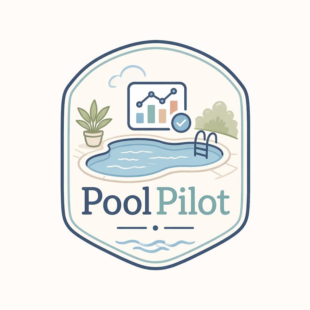 Hand-drawn emblem logo concept for a tech SaaS brand with soft pastel pool-inspired shapes on a neutral background.