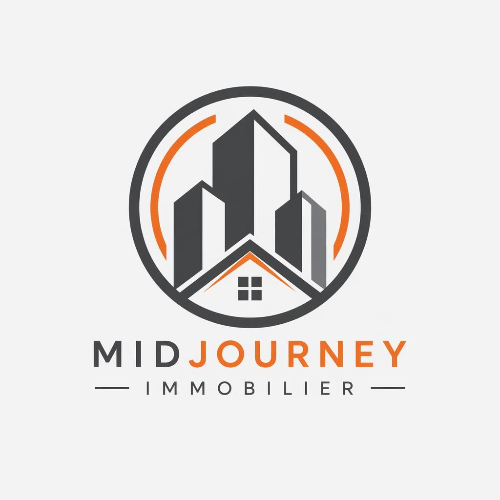 Concept de logo emblème pour l’immobilier, gris industriel et orange, typographie moderne centrée sur fond neutre.