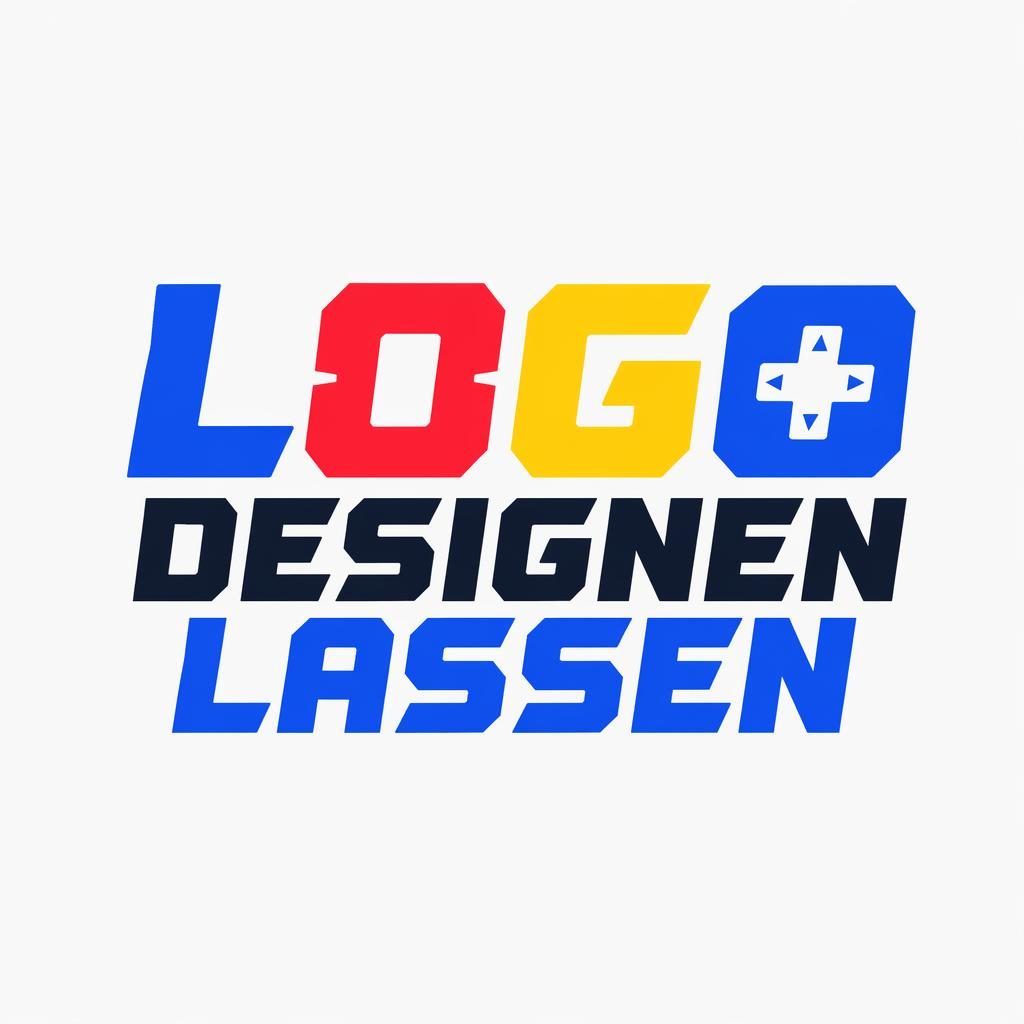Zentrierte Gaming-Wortmarke in kräftiger, industrieller Typografie mit verspielten Primärfarben auf neutralem Hintergrund.