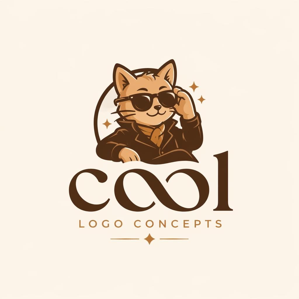 Centered luxury wordmark logo with a playful cartoon icon in warm earth tones on a neutral square background.