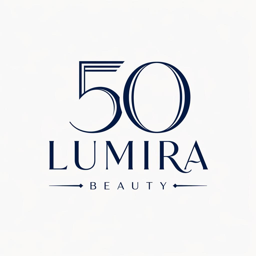 Centered art deco luxury wordmark logo concept for a beauty brand in navy and white on a neutral square background.