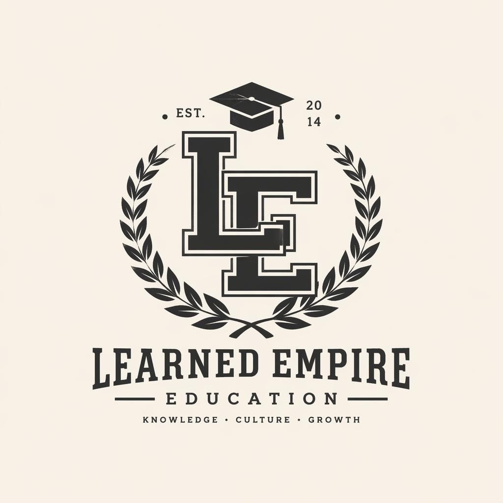 Centered vintage retro monogram logo for an education brand in elegant monochrome, with matching brand name on neutral background.
