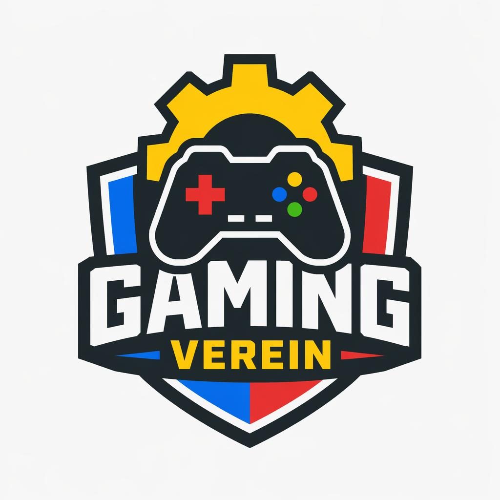 Zentriertes Gaming-Logo mit Wortmarke und Icon, industrial bold, verspielte Primärfarben, auf neutralem Hintergrund