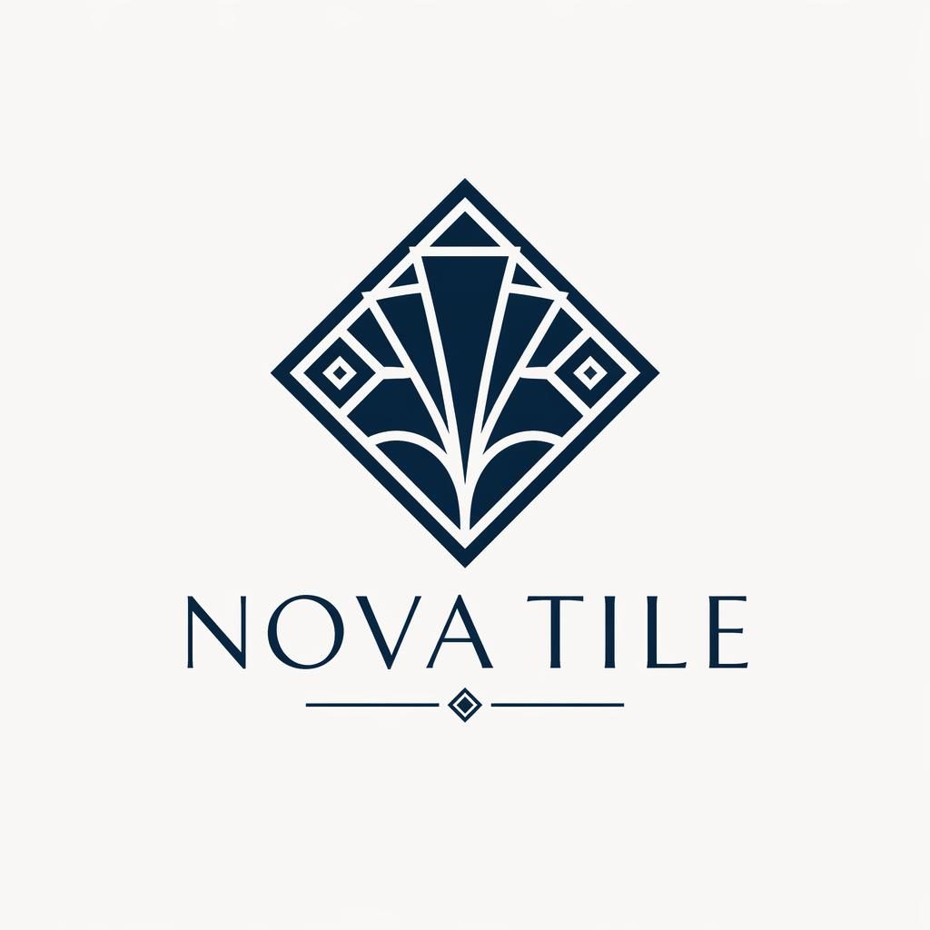 Abstract tile company logo design with a navy and white art deco symbol and matching brand name on a neutral background.