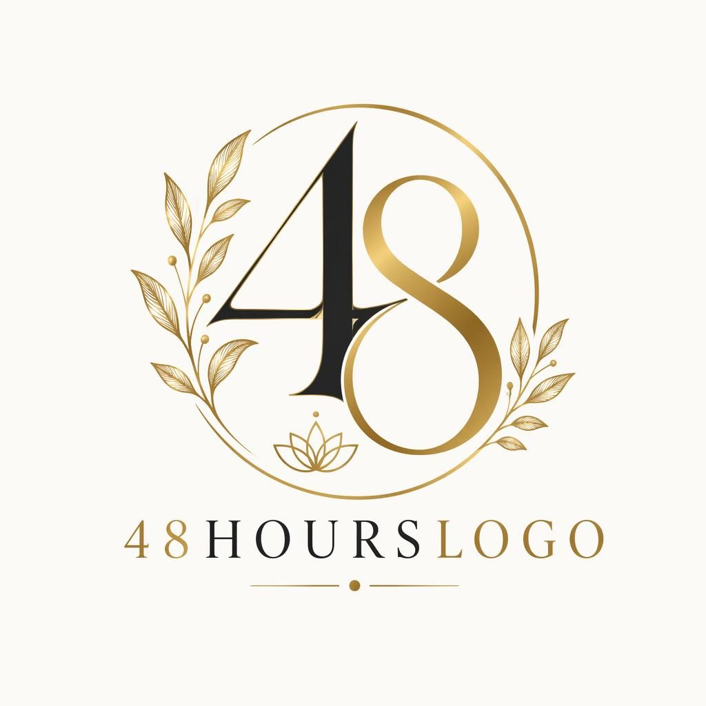 Centered botanical lettermark logo concept for 48hourslogo in black and gold on a neutral background, vector-clean and minimal.