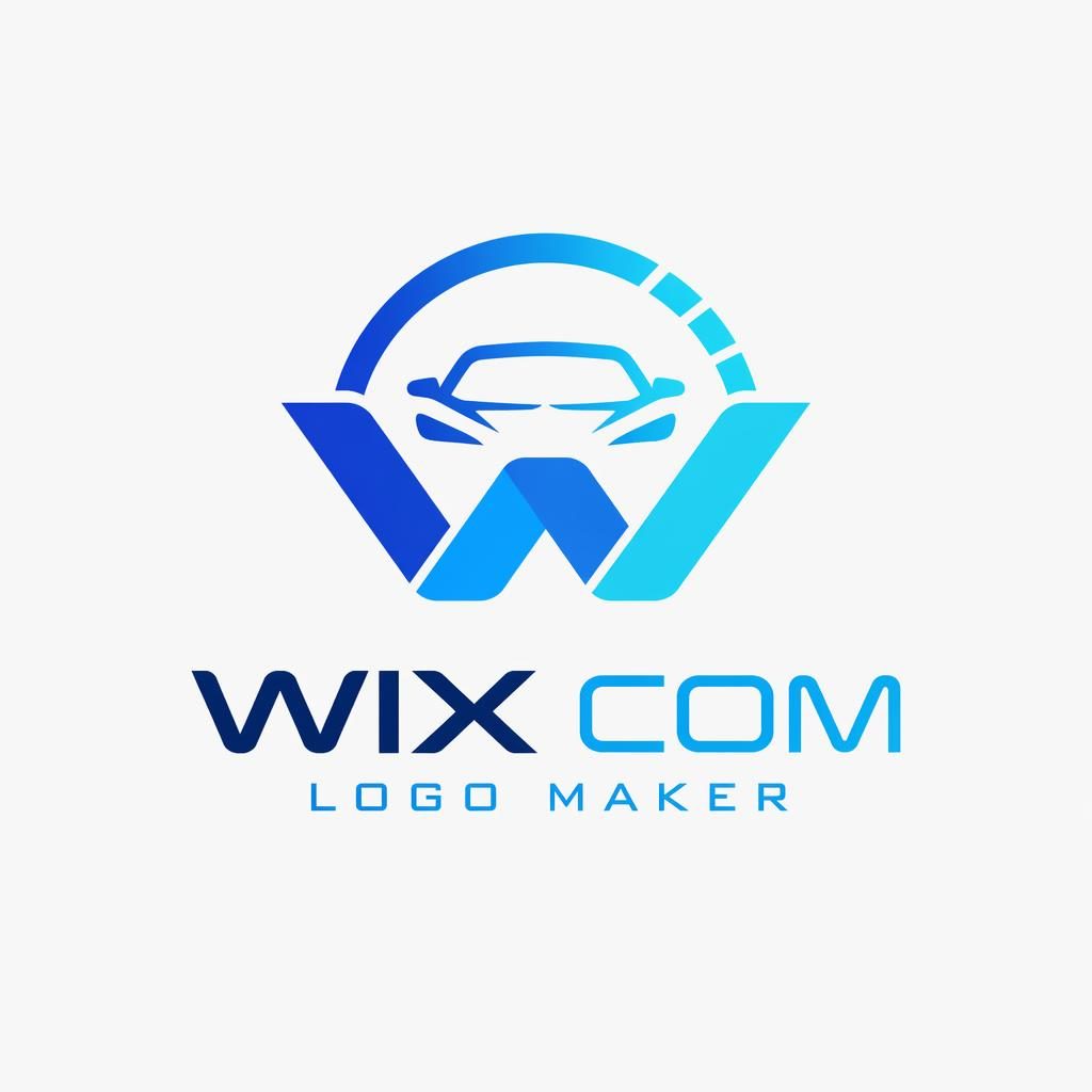 Centered abstract automotive logo in blue and cyan with futuristic typography on a neutral square background.