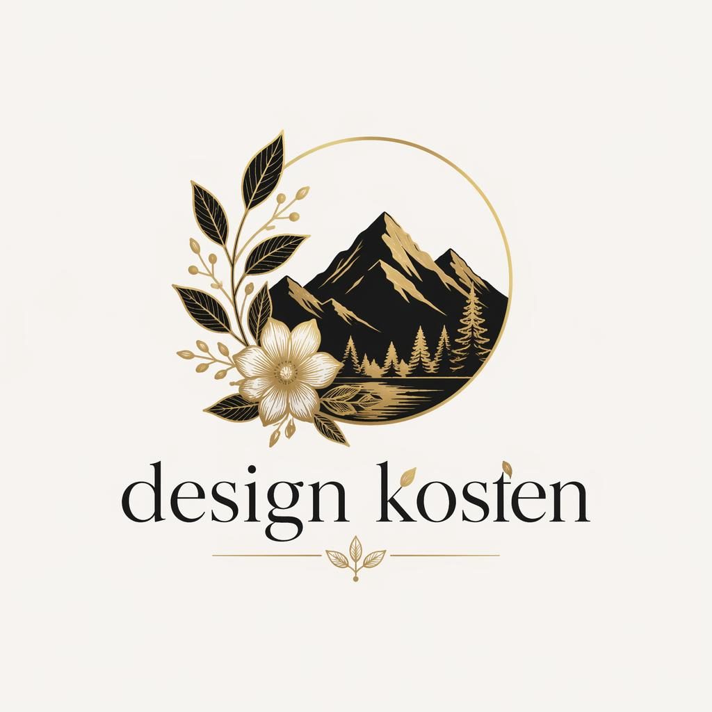 Zentriertes Wortmarken-Logo mit Icon für design kosten, botanisch illustriert in Schwarz und Gold auf neutralem Hintergrund.
