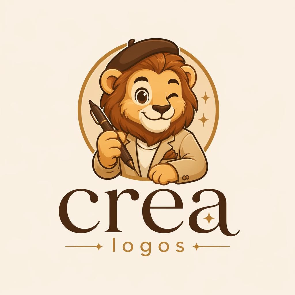 Logo de mascota cartoon para crea logos, centrado sobre fondo neutro, con tipografía a juego y tonos tierra cálidos.