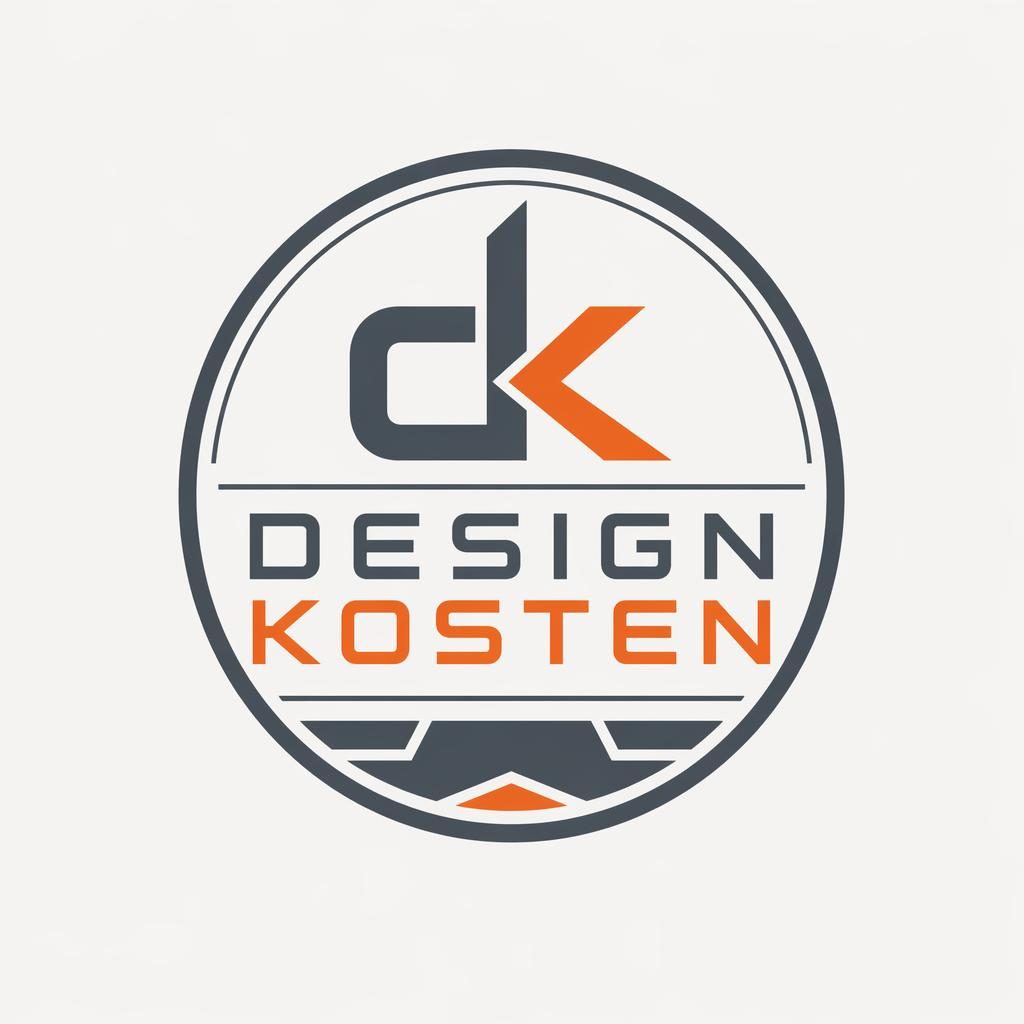 Modernes Emblem-Logo für Design Kosten in Grau und Orange, zentriert auf neutralem Hintergrund.
