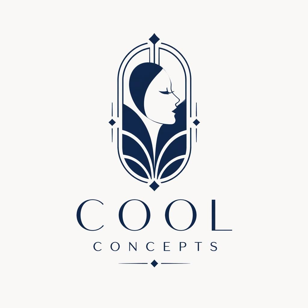 Abstract beauty logo concept in navy and white, art deco luxury style, centered on a neutral background.