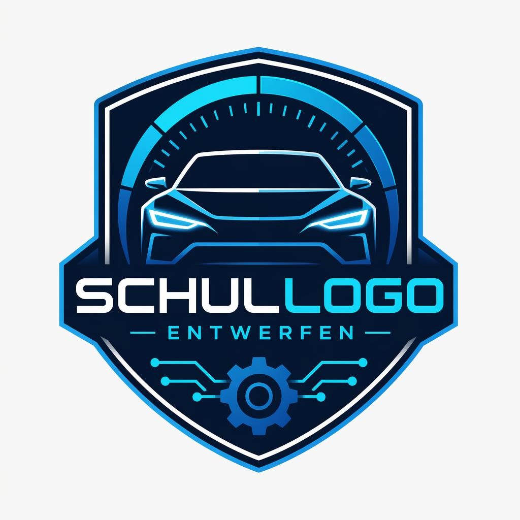 Zentriertes Automotive-Emblem in Tech-Blau und Cyan mit futuristischer Typografie auf neutralem Hintergrund