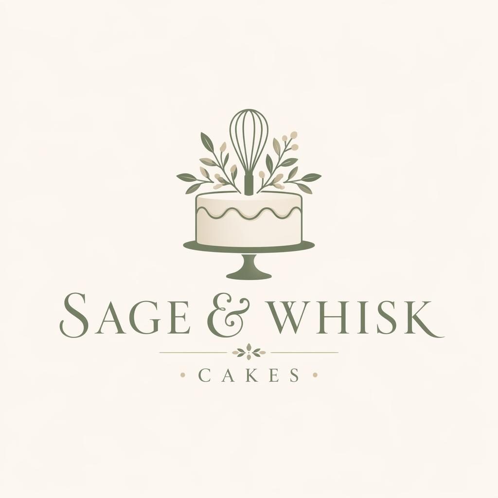 Centered wordmark logo with a small baking icon, elegant serif typography, and sage and cream colors on a neutral background.