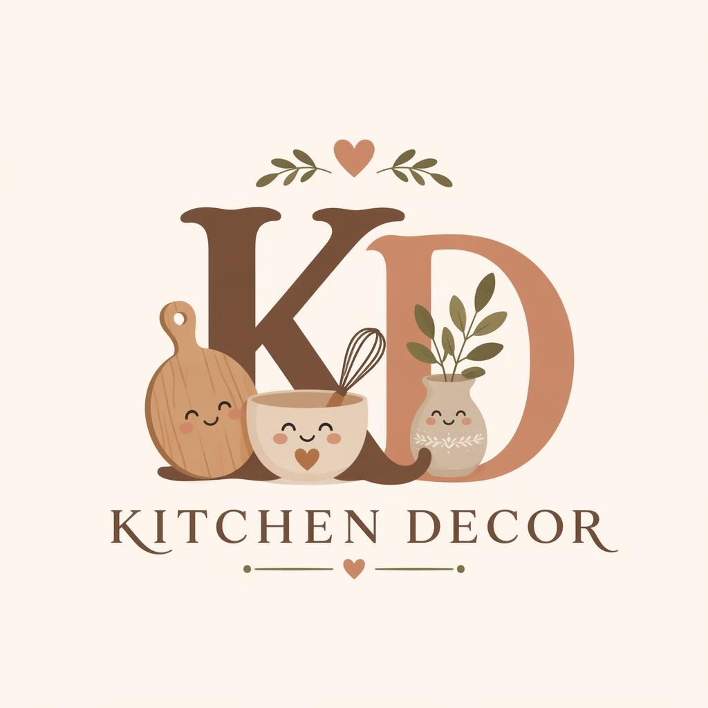 Centered luxury kitchen decor logo concept with playful monogram initials, warm earth tones, and matching brand typography