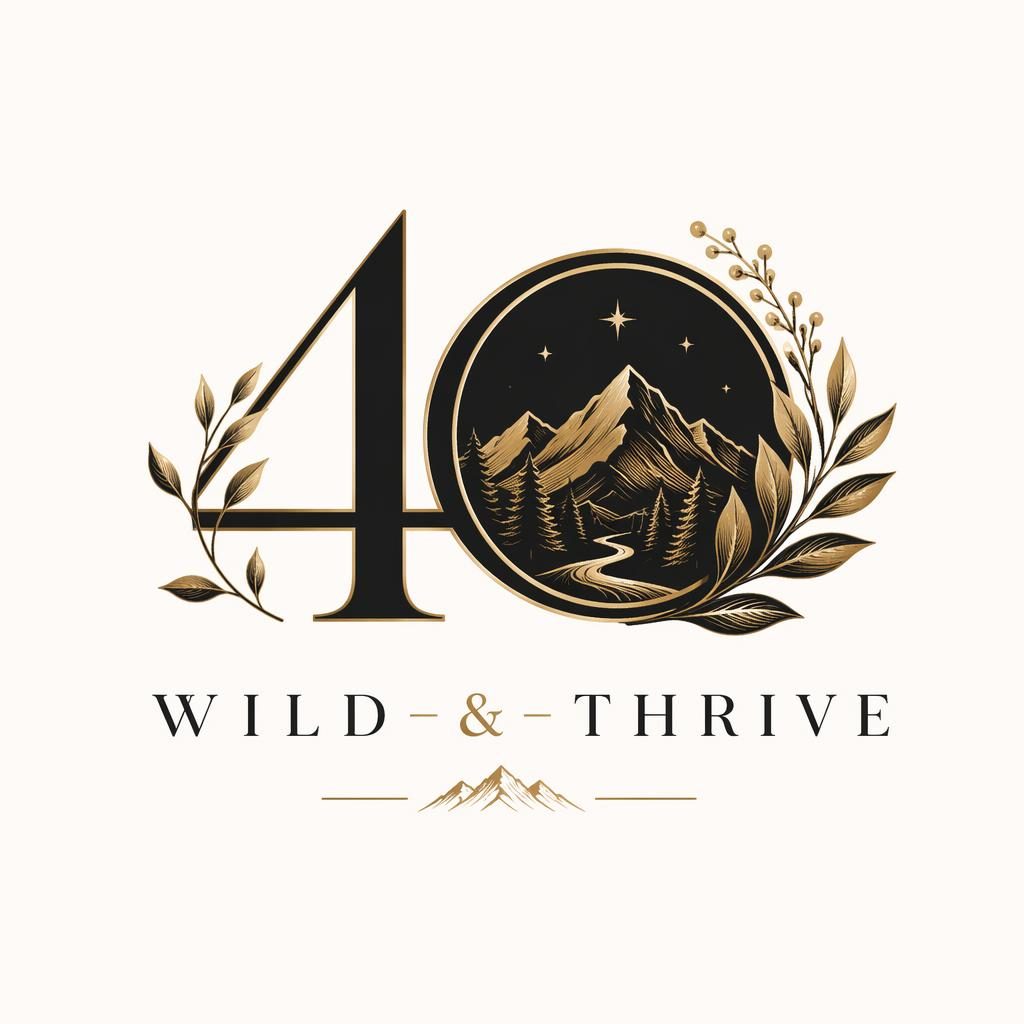Centered black and gold botanical wordmark logo with icon on a neutral background, designed for an outdoors adventure theme.