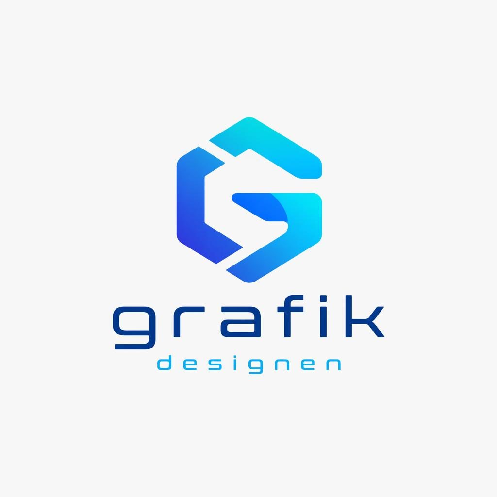 Abstraktes Logo für grafik designen in Blau und Cyan, zentriert auf neutralem Hintergrund mit moderner Typografie.