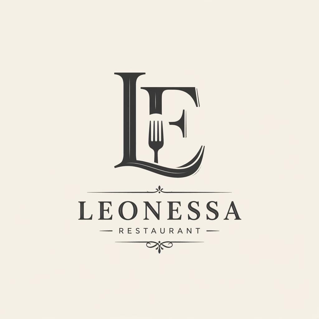 Zentriertes monochromes Lettermark-Logo für ein Restaurant im Vintage-Retro-Stil auf neutralem Hintergrund