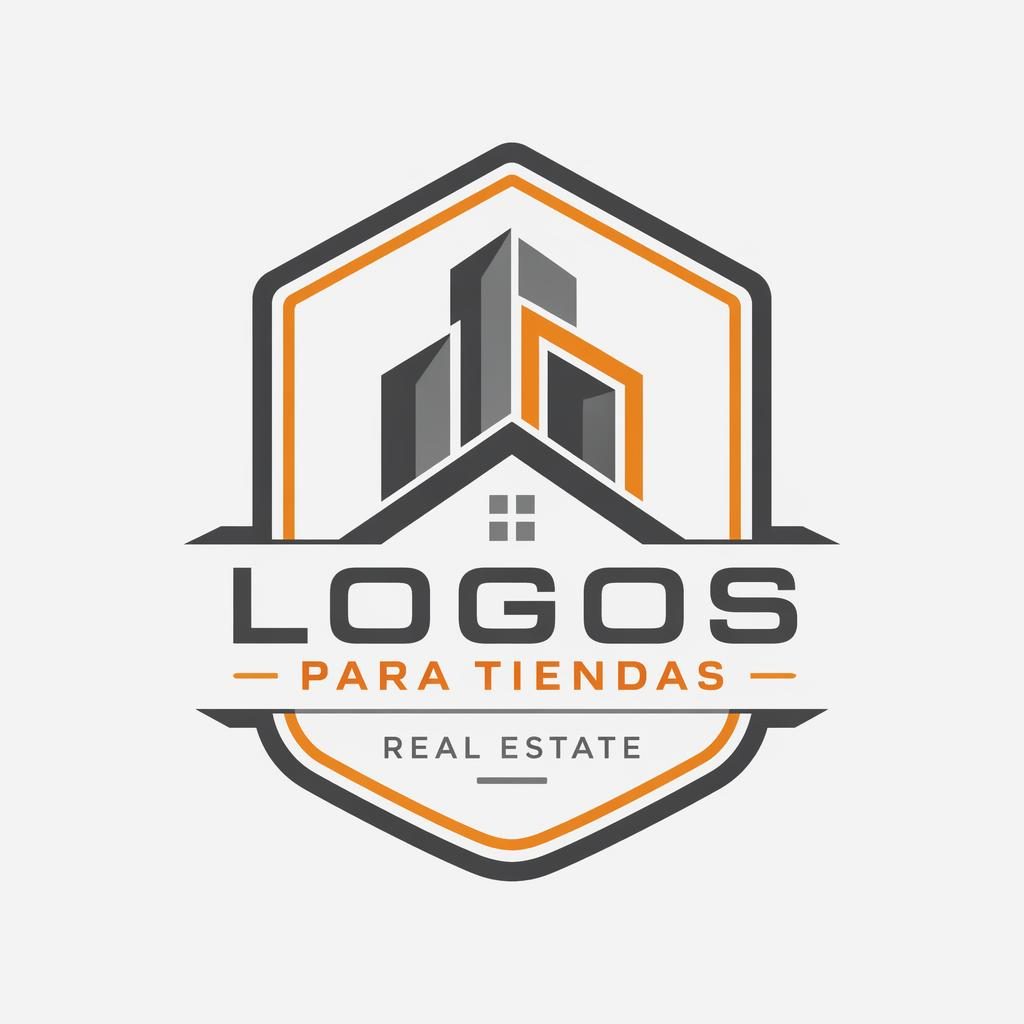 Emblema minimalista para inmobiliaria en gris industrial y naranja, centrado sobre fondo neutro con tipografía moderna.