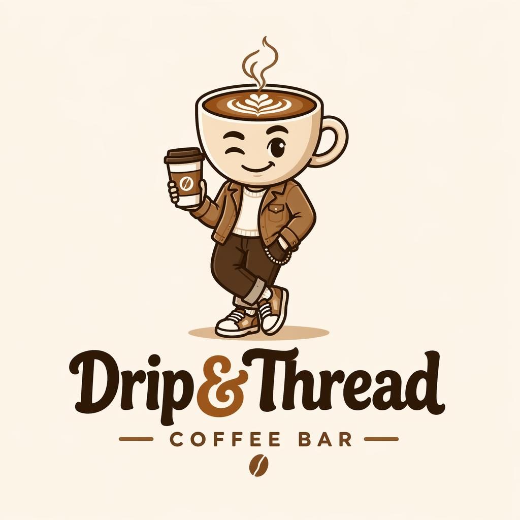 Centered vector mascot logo for a coffee bar logo design in warm earth tones on a neutral background.