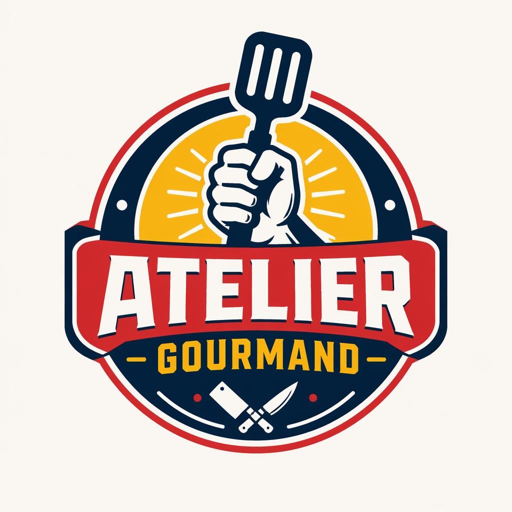 Concept de logo en emblème pour restaurant, style industriel audacieux, palette primaire ludique, centré sur fond neutre.