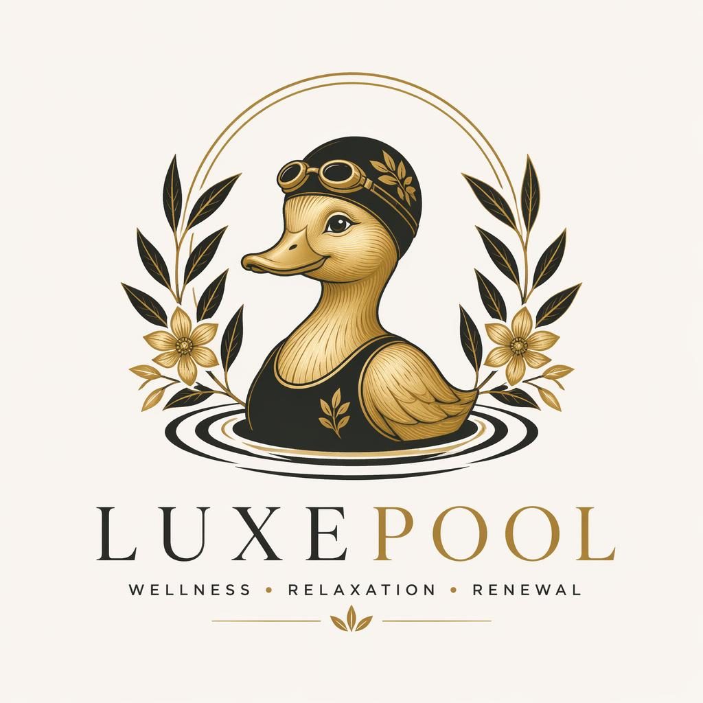 Centered mascot-style swimming pool logo concept with botanical illustration, black and gold palette, and brand name on neutral background.