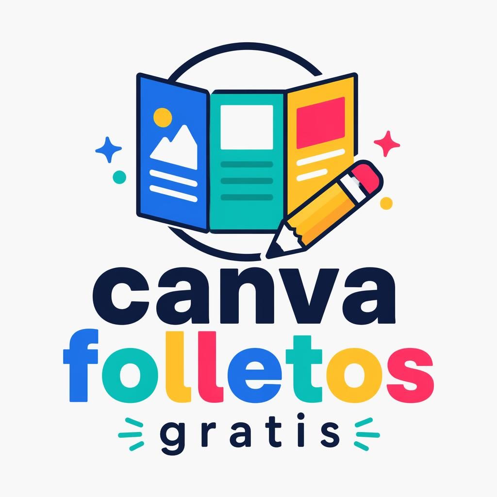 Logo cuadrado con wordmark e ícono para canva folletos gratis, estilo industrial audaz y colores primarios sobre fondo neutro.