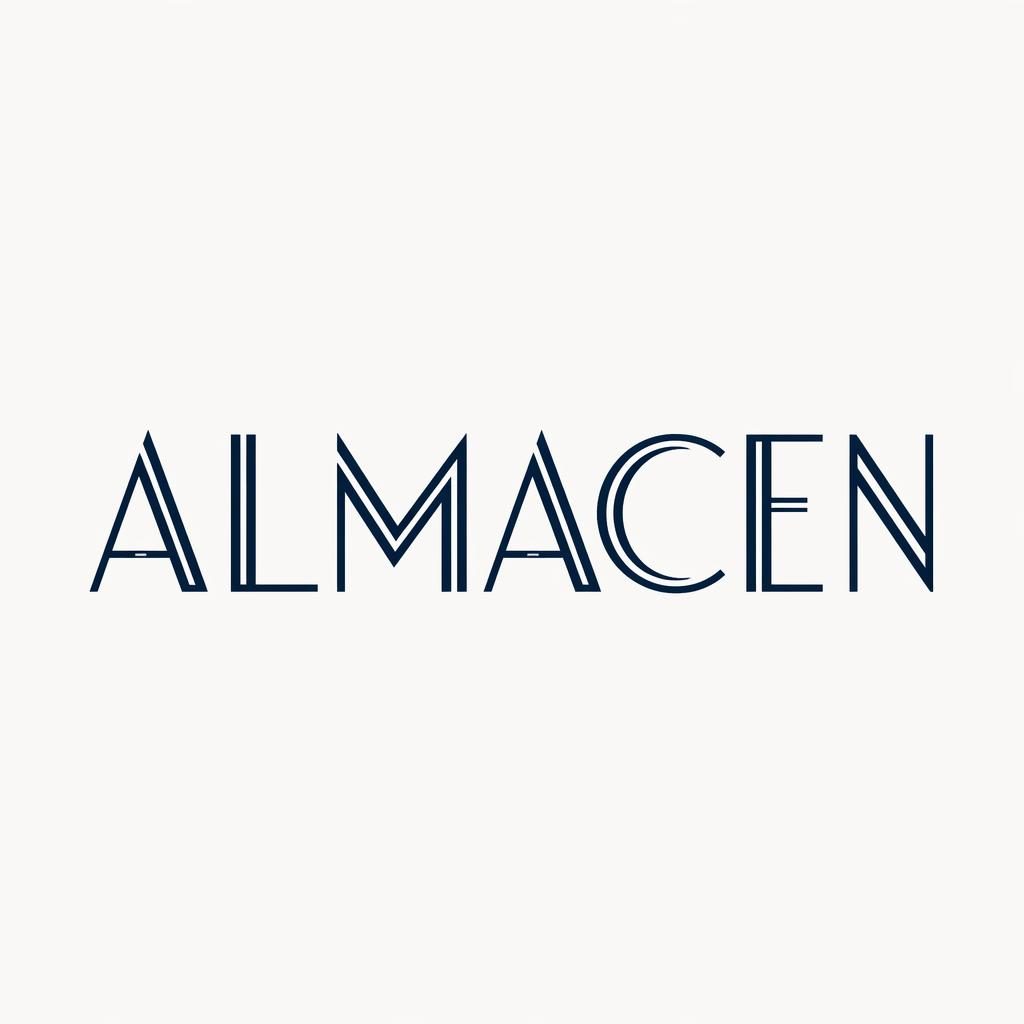 Logotipo tipográfico centrado para almacen, estilo art déco de lujo en azul marino y blanco sobre fondo neutro.